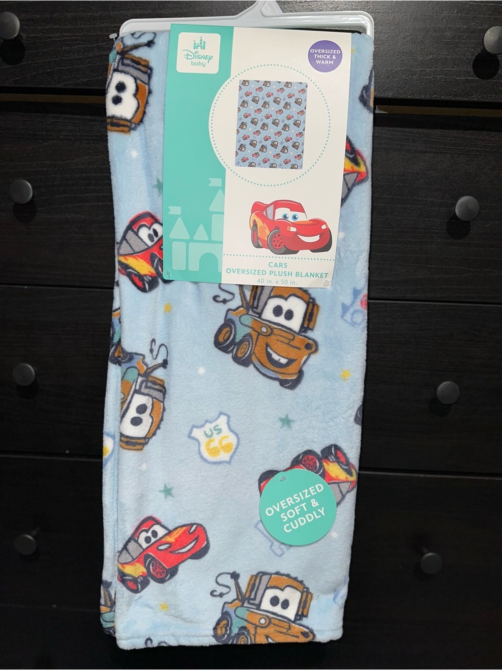 Disney Cars Plush Blanket in Light Blue with Red and Brown Accents
